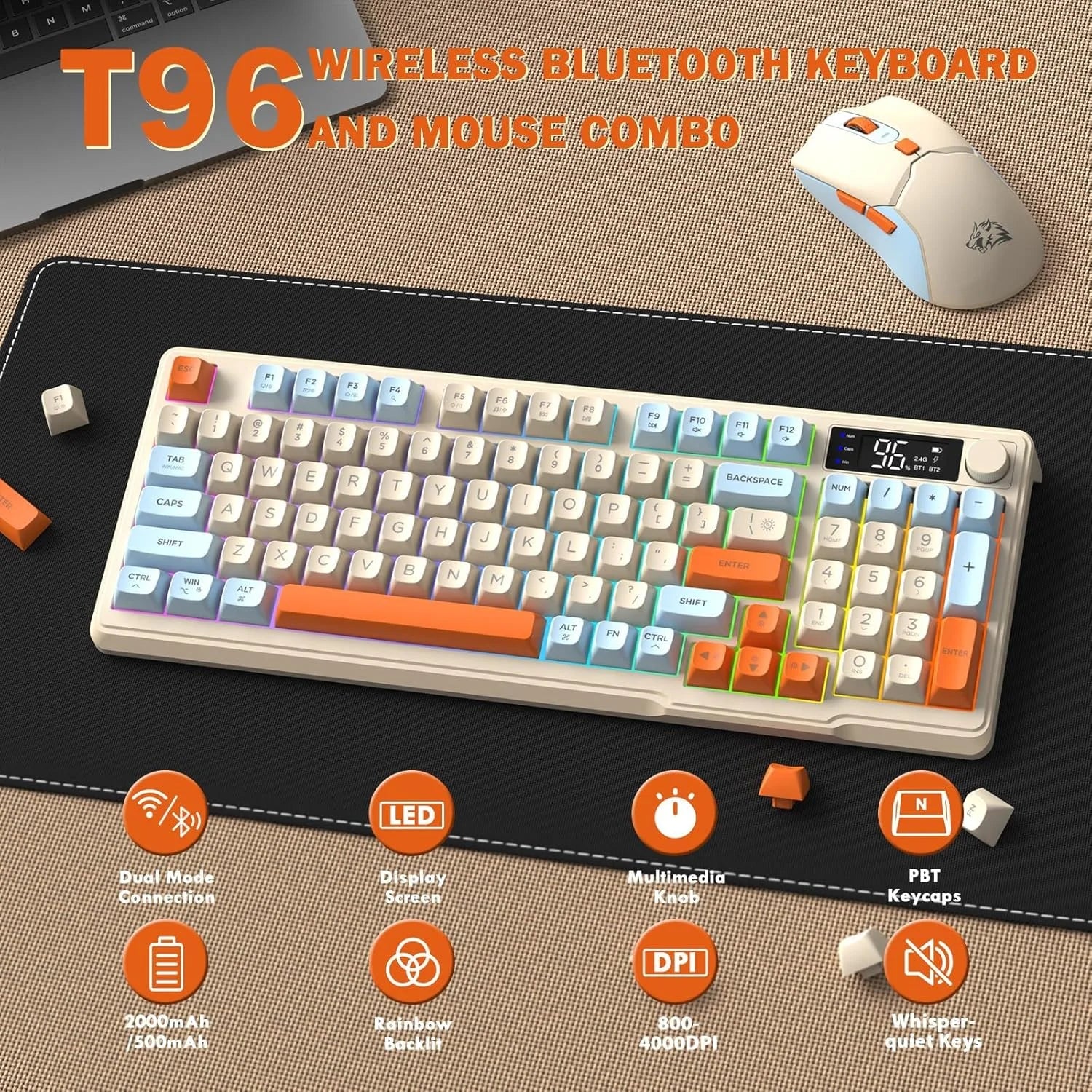 ZIYOU LANG T96 Wireless Gaming Keyboard and Mouse Combo, BT2.4G RGB Backlit with Smart Display & Knob, 4000 DPI Gaming Mouse